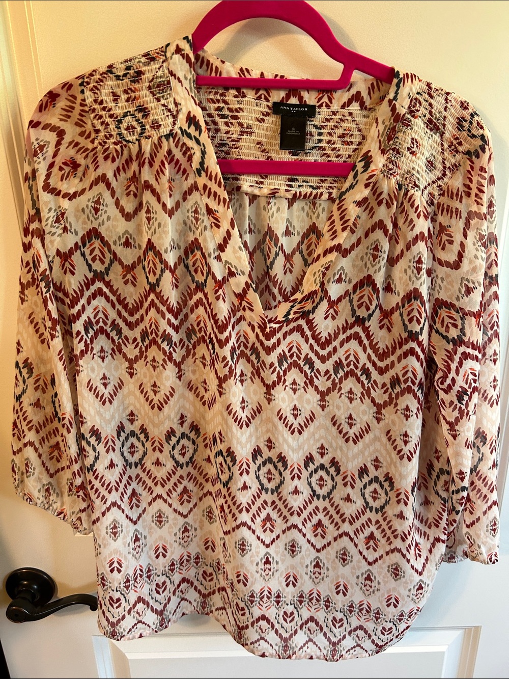 Ann Taylor Cream Blouse with Rust & Teal Geometric Print